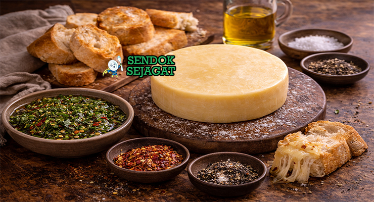 Bahan provoleta: irisan tebal keju provolone, oregano kering, serpihan cabai, minyak zaitun, garam, dan lada hitam di atas meja kayu