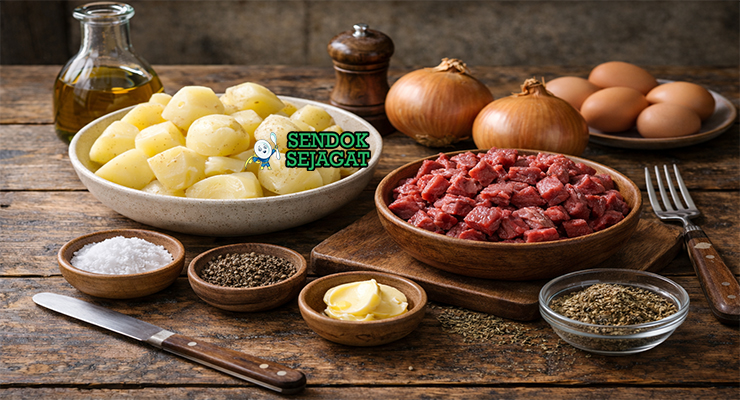 Bahan-bahan resep Pyttipanna termasuk kentang rebus, daging sisa, bawang bombay, telur, mentega, garam, dan lada siap ditumis