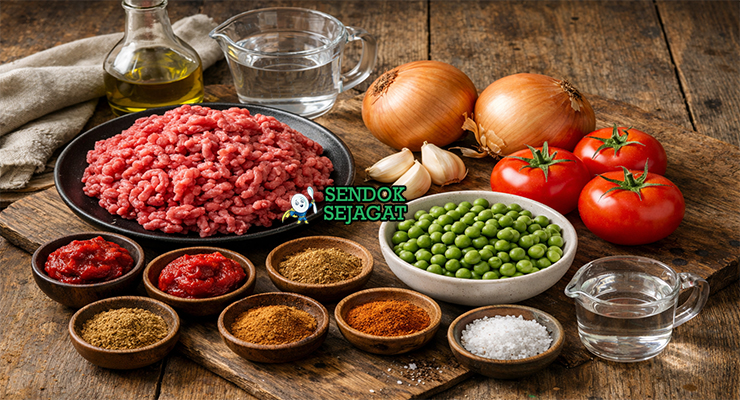 Bahan-bahan resep Qeema termasuk daging sapi cincang, bawang bombay, tomat, kacang polong, pasta tomat, rempah Levant, dan minyak zaitun siap ditumis
