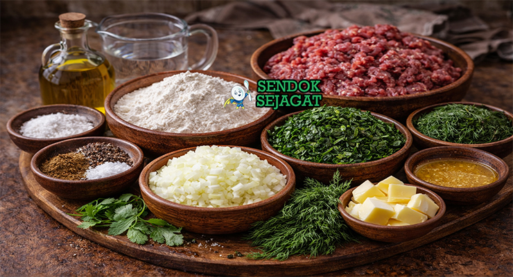 Bahan-bahan resep Qutab termasuk tepung terigu, daging domba cincang, bawang bombay, cilantro, jinten, dan mentega siap dipanggang