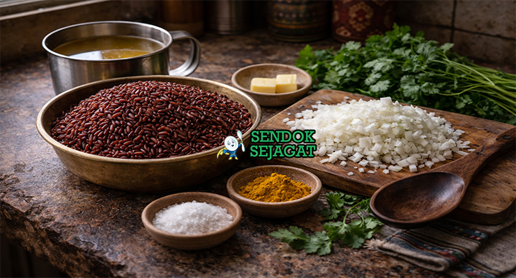 Koleksi bahan resep Red Rice termasuk beras merah Bhutan, air, mentega, bawang bombay, garam, dan kunyit bubuk siap dimasak pelan