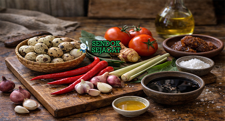 Koleksi bahan resep Sambal Goreng Telur Puyuh termasuk telur puyuh, cabai merah, bawang merah, bawang putih, tomat, kecap manis, gula merah, dan rempah Jawa siap dimasak