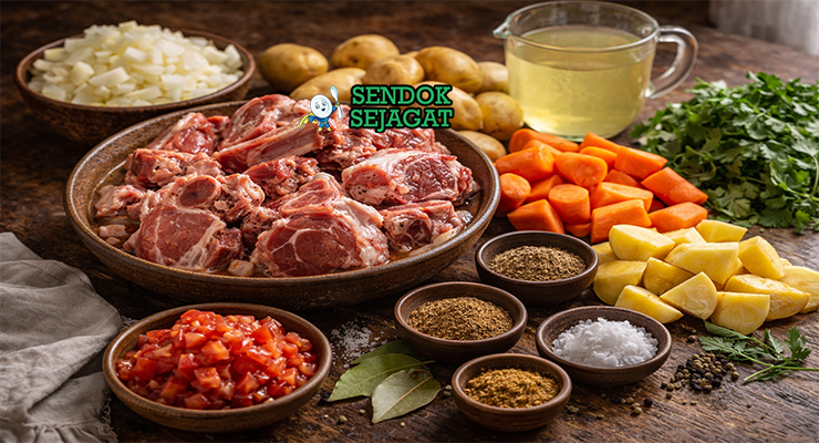 Bahan-bahan resep Shurpa termasuk daging domba, wortel, kentang, bawang bombay, tomat, jinten, ketumbar, dan rempah siap direbus