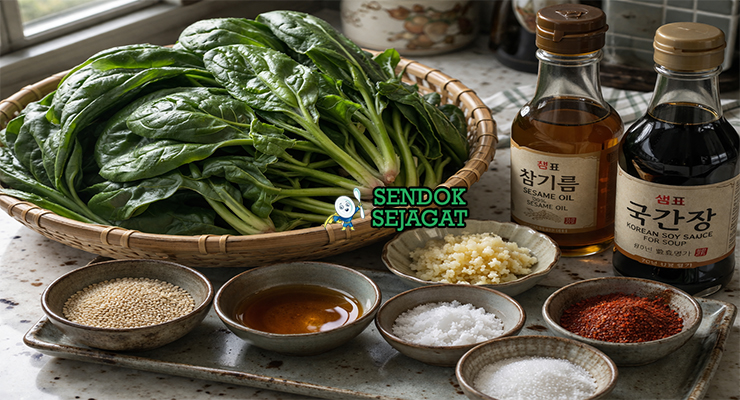 Koleksi bahan resep Sigeumchi Namul termasuk bayam segar, wijen putih, minyak wijen, bawang putih, kecap asin, gula, dan garam siap direbus dan dibalut saus