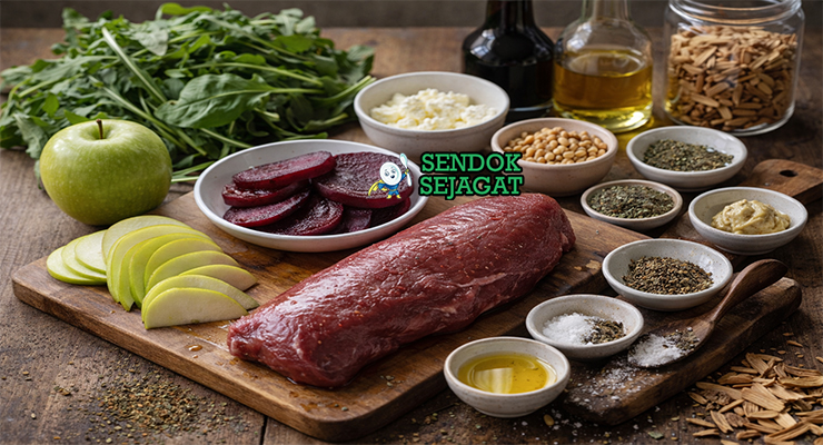 Bahan-bahan resep Smoked Kangaroo Salad termasuk daging kanguru fillet, lemon myrtle, mountain pepper, rocket, bit, apel, dan kacang pinus siap diasap