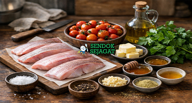 Koleksi bahan resep Snapper with Bush Tomato Chutney termasuk snapper fresh, bush tomato, bawang putih, lemon myrtle, mentega, minyak zaitun, madu, dan cuka apel siap dipanggang dan diolah