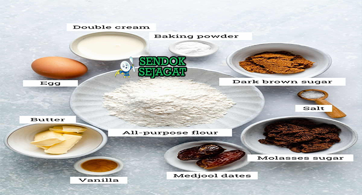 Bahan-bahan resep Sticky Toffee Pudding termasuk kurma cincang, tepung terigu, gula merah, telur, mentega, dan krim kental siap dipanggang