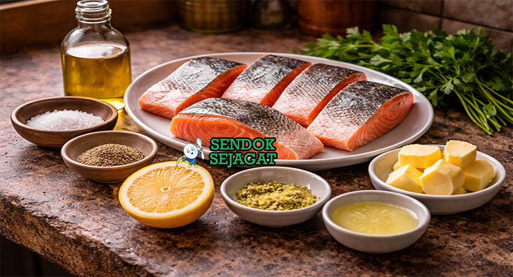 Koleksi bahan resep Tasmanian Salmon with Lemon Myrtle termasuk fillet salmon Tasmania, bubuk lemon myrtle, minyak zaitun, mentega, lemon segar, garam, dan merica siap diolah