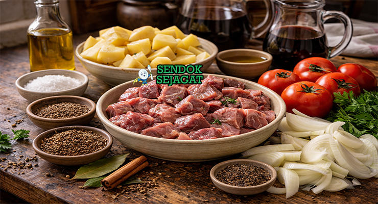 Koleksi bahan resep Tavas termasuk daging domba potong dadu, kentang segar, bawang bombay, tomat, jintan, kayu manis, daun salam, dan minyak zaitun siap dipanggang