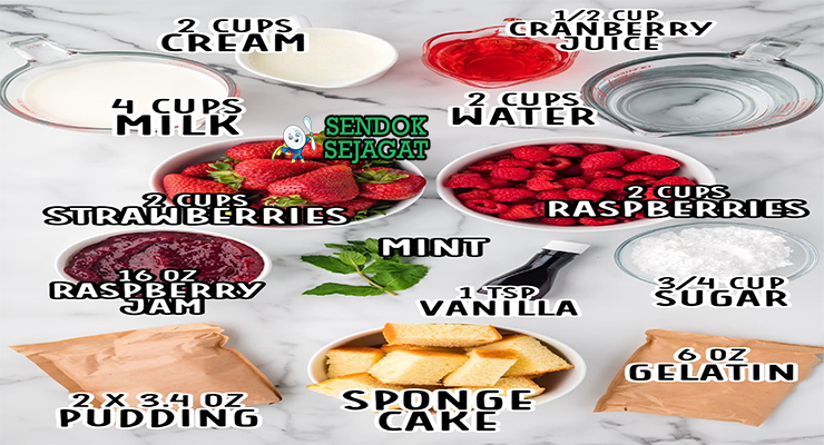 Bahan-bahan resep Trifle termasuk sponge cake, custard vanila, buah campur segar, whipped cream, sherry, dan vanila siap disusun