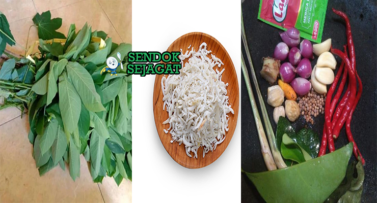 Bahan-bahan resep Tumis Daun Singkong termasuk daun singkong segar, teri medan, bawang merah putih, cabai rawit, tomat, dan rempah siap ditumis