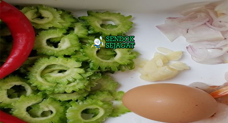 Bahan-bahan resep Tumis Pare Telur termasuk pare segar, telur ayam, bawang merah putih, cabai, kecap manis, dan rempah siap ditumis