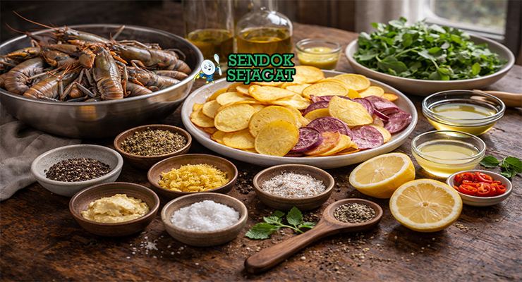 Bahan-bahan resep Yabbies with Yam Crisps termasuk yabbies segar, yam, lemon myrtle, mountain pepper, minyak zaitun, dan rocket siap diracik