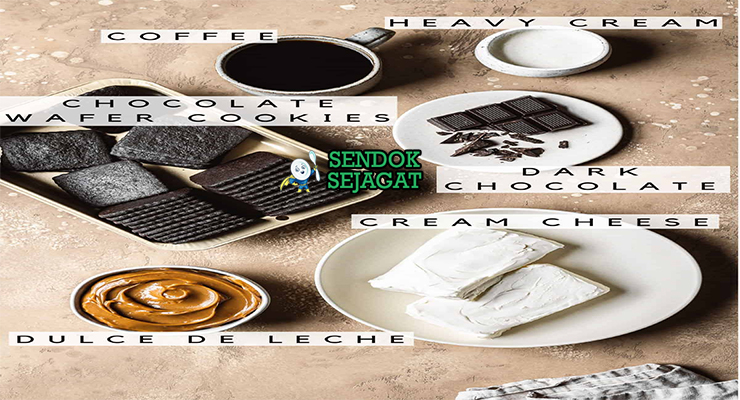 Bahan-bahan resep Chocotorta termasuk biscuit cokelat, dulce de leche, cream cheese, krim kental, susu, dan vanila siap dirakit