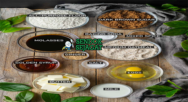 Bahan-bahan resep Parkin termasuk oatmeal kasar, black treacle, jahe bubuk, tepung terigu, gula merah, telur, dan rempah siap dipanggang