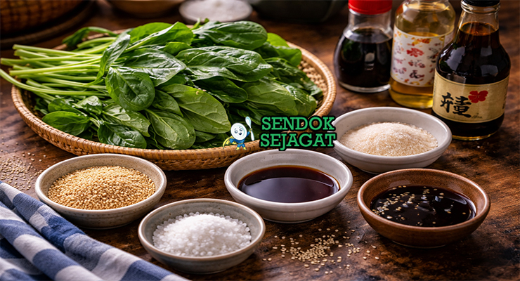 Koleksi bahan resep Goma-ae termasuk bayam segar, wijen putih, kecap asin, gula, mirin, dan garam siap direbus dan dibalut saus wijen