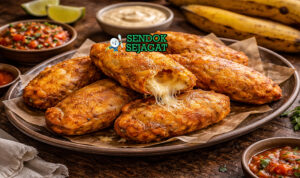 Aborrajados khas Kolombia dengan pisang goreng kriuk, isi keju meleleh, tampak gurih menggugah selera