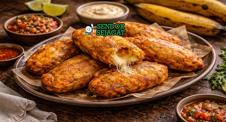Aborrajados khas Kolombia dengan pisang goreng kriuk, isi keju meleleh, tampak gurih menggugah selera