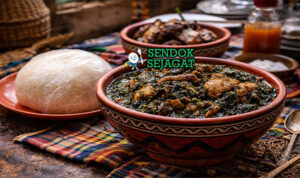 Afang soup khas Nigeria dengan sup sayur hijau kental berisi daging sapi, periwinkle, dan ikan kering, disajikan hangat di mangkuk tradisional