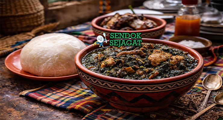 Afang soup khas Nigeria dengan sup sayur hijau kental berisi daging sapi, periwinkle, dan ikan kering, disajikan hangat di mangkuk tradisional