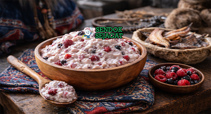 Akutaq khas Alaska dengan campuran lemak kocok dan berry liar berwarna cerah, disajikan dingin di mangkuk kecil ala tradisi Inuit