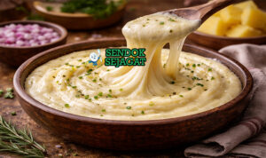 Aligot khas Prancis dengan kentang tumbuk lembut creamy, keju leleh stretchy panjang, tampak gurih hangat menggugah selera