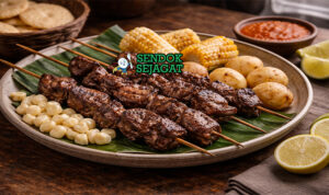 Anticuchos de Corazón khas Peru dengan tusuk jantung sapi panggang kecokelatan, saus pedas, kentang rebus, tampak gurih menggugah selera