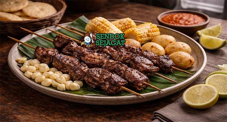 Anticuchos de Corazón khas Peru dengan tusuk jantung sapi panggang kecokelatan, saus pedas, kentang rebus, tampak gurih menggugah selera