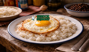 Arroz con Huevo Frito khas Kuba dengan nasi putih pulen dan telur mata sapi kuning lumer di atasnya, disajikan hangat di piring sederhana dengan pinggiran crispy