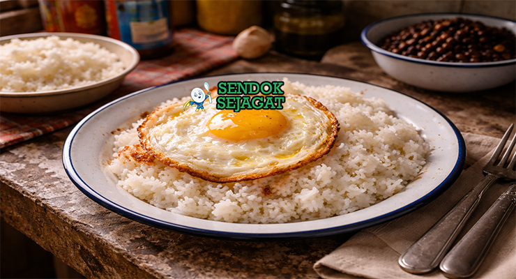 Arroz con Huevo Frito khas Kuba dengan nasi putih pulen dan telur mata sapi kuning lumer di atasnya, disajikan hangat di piring sederhana dengan pinggiran crispy