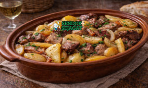 Baeckeoffe khas Alsace dengan daging empuk lepas tulang, lapisan kentang bawang, kuah anggur putih kental, tampak gurih hangat menggugah selera