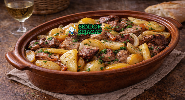 Baeckeoffe khas Alsace dengan daging empuk lepas tulang, lapisan kentang bawang, kuah anggur putih kental, tampak gurih hangat menggugah selera