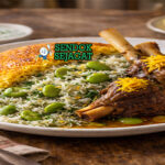 Baghali Polo khas Iran dengan nasi kuning saffron harum, daging domba empuk, kacang fava kenyal, tampak gurih menggugah selera