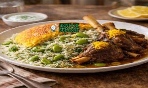 Baghali Polo khas Iran dengan nasi kuning saffron harum, daging domba empuk, kacang fava kenyal, tampak gurih menggugah selera