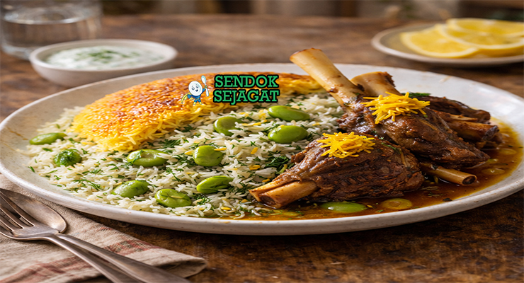 Baghali Polo khas Iran dengan nasi kuning saffron harum, daging domba empuk, kacang fava kenyal, tampak gurih menggugah selera