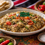 Baigan choka khas Trinidad & Tobago dengan terong panggang yang dihancurkan, dicampur bawang, tomat, dan cabai hijau pedas, disajikan segar di mangkuk putih