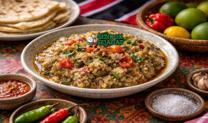 Baigan Choka Siap Sajian dengan Aroma Smoky Menggoda Baigan choka khas Trinidad & Tobago dengan terong panggang yang dihancurkan, dicampur bawang, tomat, dan cabai hijau pedas, disajikan segar di mangkuk putih