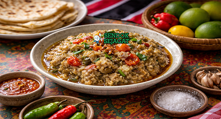 Baigan choka khas Trinidad & Tobago dengan terong panggang yang dihancurkan, dicampur bawang, tomat, dan cabai hijau pedas, disajikan segar di mangkuk putih