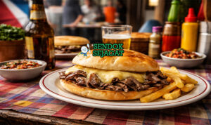 Barros Luco Siap Sajian dengan Keju Meleleh Menggoda Sandwich Barros Luco khas Chili dengan daging sapi juicy dan keju cheddar meleleh di atas roti Prancis renyah, sajian hangat siap makan