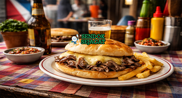 Sandwich Barros Luco khas Chili dengan daging sapi juicy dan keju cheddar meleleh di atas roti Prancis renyah, sajian hangat siap makan