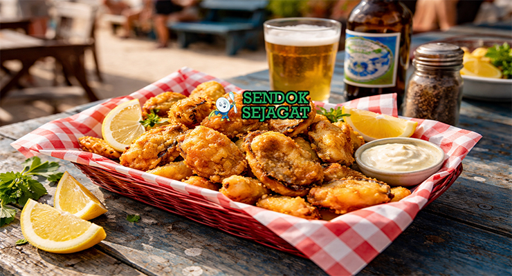 Abalone goreng tepung bir khas Australia dengan lapisan crispy keemasan, disiram saus sweet sour, daun ketumbar garnish, sajian hangat di piring putih