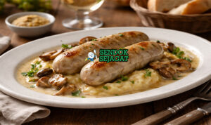 Boudin Blanc khas Prancis dengan sosis putih lembut creamy, kulit renyah, disajikan dengan apel panggang, tampak gurih hangat menggugah selera