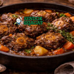 Braised Oxtail khas Australia dengan buntut sapi empuk lepas tulang, kuah merah kental rempah bush wattleseed, tampak gurih hangat menggugah selera