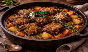 Braised Oxtail khas Australia dengan buntut sapi empuk lepas tulang, kuah merah kental rempah bush wattleseed, tampak gurih hangat menggugah selera