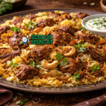 Breyani khas Afrika Selatan dengan nasi kuning harum rempah, ayam empuk, kentang goreng, lentil, bawang goreng krispi, tampak gurih menggugah selera