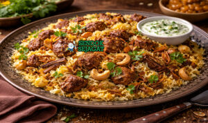 Breyani khas Afrika Selatan dengan nasi kuning harum rempah, ayam empuk, kentang goreng, lentil, bawang goreng krispi, tampak gurih menggugah selera