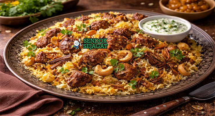 Breyani khas Afrika Selatan dengan nasi kuning harum rempah, ayam empuk, kentang goreng, lentil, bawang goreng krispi, tampak gurih menggugah selera