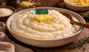 Mieliepap khas Afrika Selatan disajikan hangat di piring putih dengan saus tomat pedas dan daging panggang di sampingnya