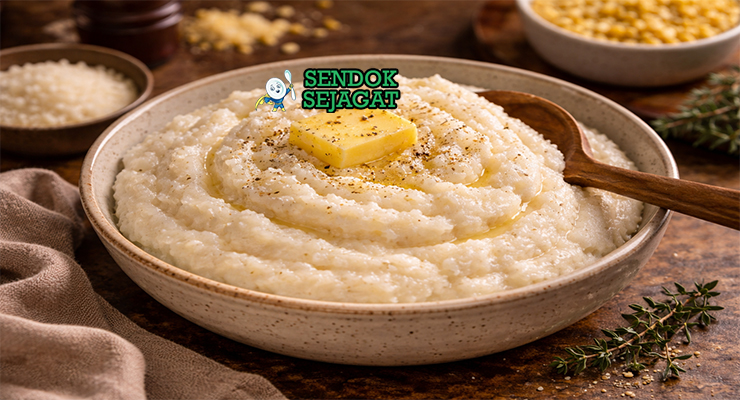 Mieliepap khas Afrika Selatan disajikan hangat di piring putih dengan saus tomat pedas dan daging panggang di sampingnya