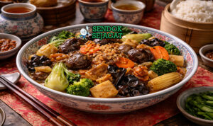 Buddha's Delight khas Cina dengan tumis sayur berwarna cerah termasuk wortel, snow peas, bok choy, jamur shiitake, dan tahu, disajikan hangat di piring putih